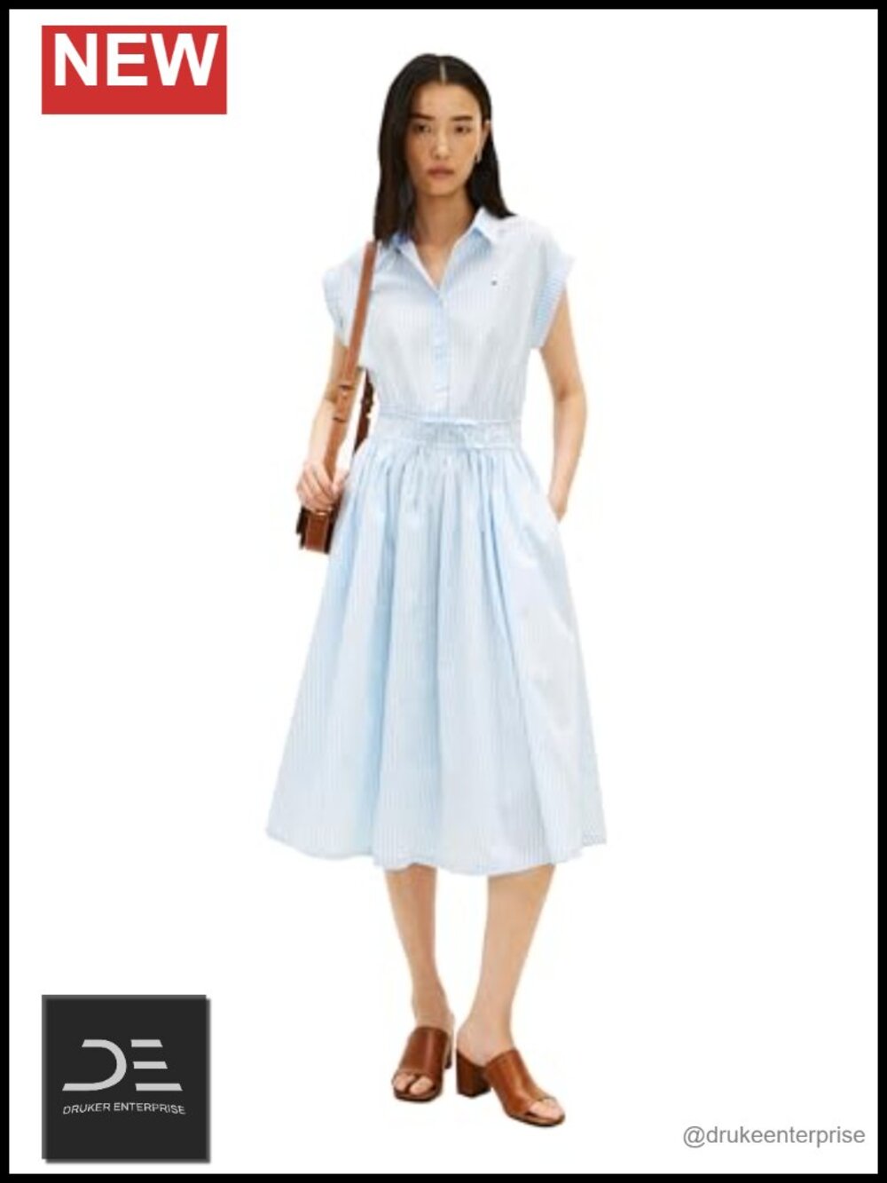 Sleeveless Cotton Striped Shirt Midi Dress with Elastic Waist